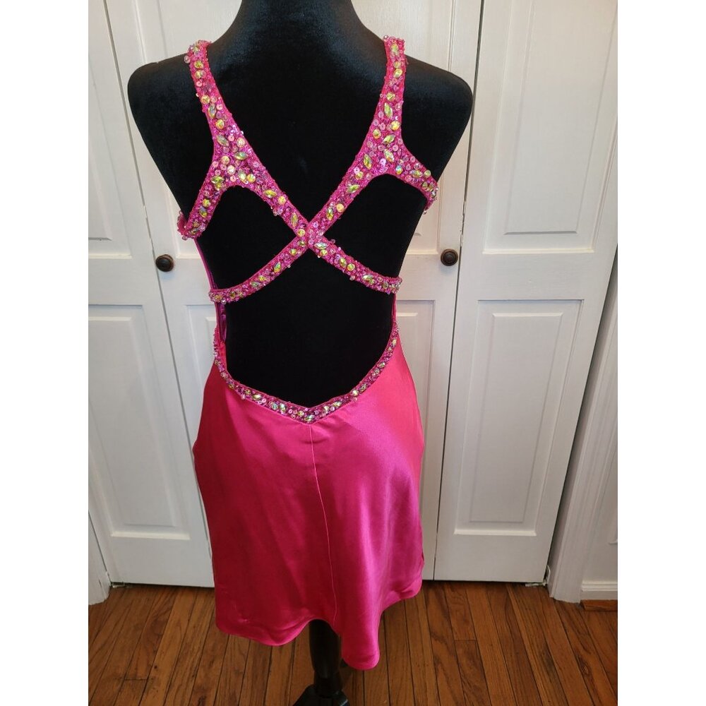 La Femme Pink Satin Beaded CrissCross Back Babydoll Mini Dress 6 Glam Prom Party
